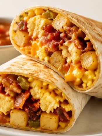 Breakfast burrito with eggs, cheese, potatoes and bacon