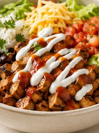 Deli burrito bowl with rice, beans, meat, pico, avocado and sour cream