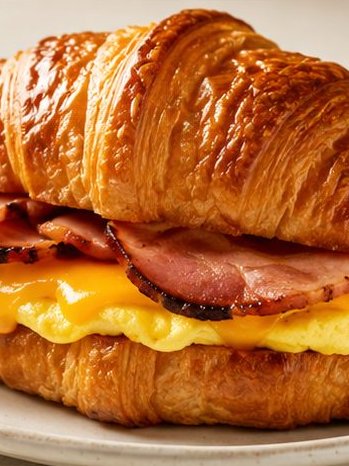 Croissant breakfast sandwich with egg, cheese and ham