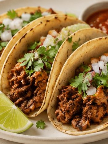 Street tacos with carne asada, cilantro, onion and lime